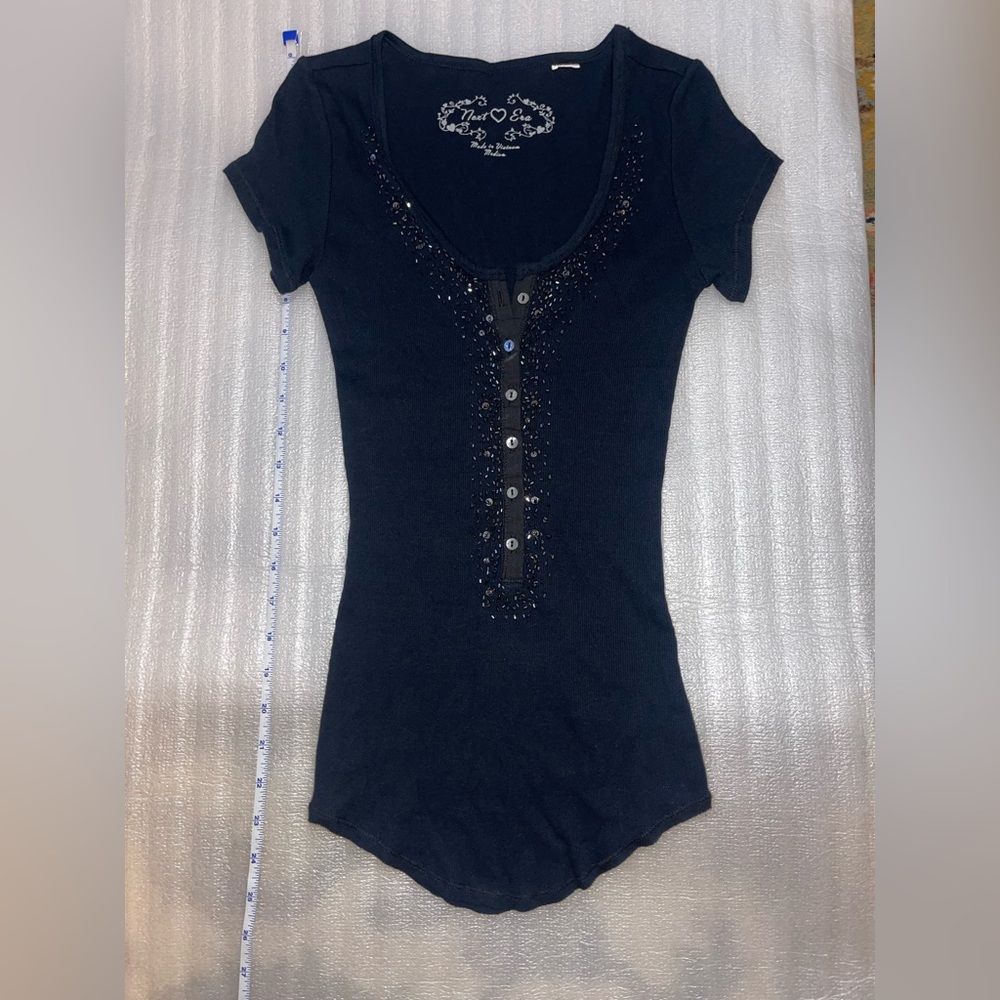 New Era Black Short Sleeve Ribbed Henley Top – Juniors Medium - Picture 4 of 14
